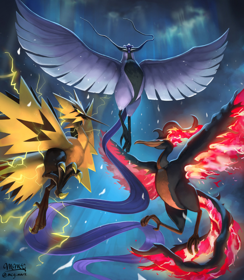 bird bird_focus commentary creature electricity english_commentary fire full_body galarian_articuno galarian_moltres galarian_zapdos gen_8_pokemon highres legendary_pokemon mcgmark multiple_sources no_humans pokemon pokemon_(creature) signature