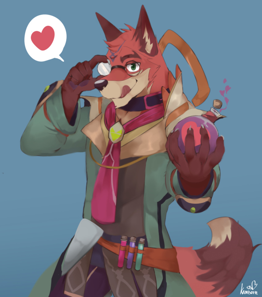 &lt;3 2017 5_fingers anthro brown_body brown_fur canid canine clothed clothing eyewear fingers fox fur glasses green_eyes hi_res holding_potion humanoid_hands kanisorn kemo_coliseum lambert_(kemo_coliseum) mammal potion red_body red_fur signature solo tan_body tan_fur three_tone_fur tongue tongue_out