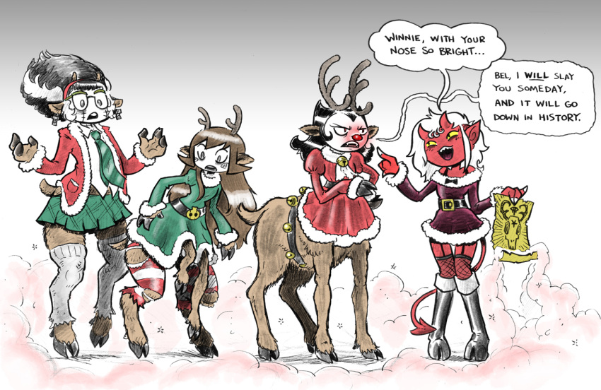 2015 angela_morgan animal_humanoid annoyed antlers black_hair capreoline capreoline_humanoid capreoline_taur cervid cervid_humanoid cervid_taur christmas clothing demon dialogue dress female group hair holidays hooves horn humanoid humanoid_pointy_ears legwear magic mammal mammal_humanoid mammal_taur mr-dna outside red_body red_nose reindeer_humanoid reindeer_taur smile socks spade_tail standing surprise taur the_underburbs torn_clothing transformation winifred_pale yellow_sclera
