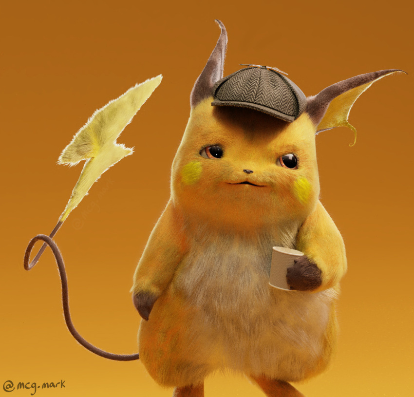 3d brown_eyes commentary creature cup detective_pikachu detective_pikachu_(movie) english_commentary feet_out_of_frame gen_1_pokemon hat holding holding_cup looking_away looking_to_the_side mcgmark mug multiple_sources no_humans orange_background pokemon pokemon_(creature) raichu realistic simple_background solo standing