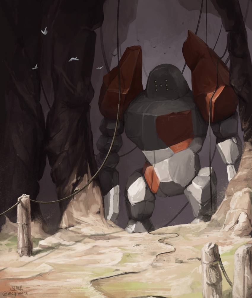 bird commentary creature english_commentary flying full_body gen_3_pokemon highres legendary_pokemon mcgmark no_humans pokemon pokemon_(creature) regirock rock shadow signature solo standing