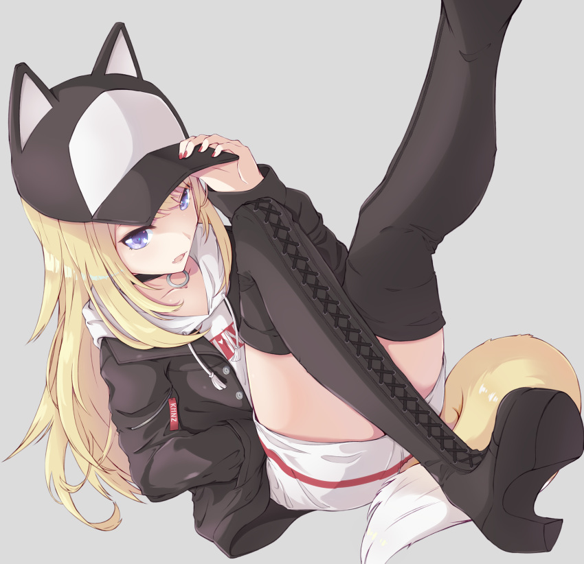 1girl baseball_cap black_jacket blonde_hair blue_eyes boots choker dog_tail fang foot_out_of_frame hand_in_pocket hat hat_with_ears highres hood hood_down hoodie jacket kmnz long_hair long_sleeves mc_lita open_mouth suu2510 tail thigh_boots thighhighs virtual_youtuber