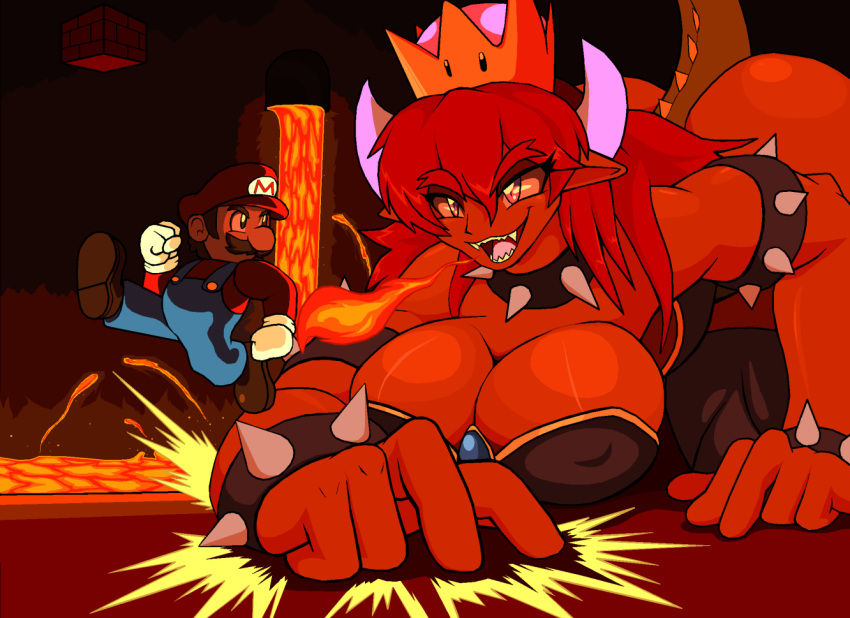 alternate_species ass_up big_breasts big_butt bowser breasts breath_powers butt collar crossgender crown droll3 female fire fire_breathing huge_breasts human humanoid lava male mammal mario mario_bros nintendo nipple_outline spiked_collar spikes super_crown video_games