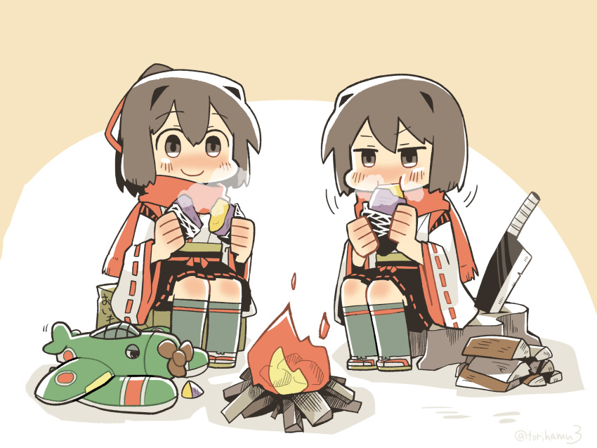 2girls aircraft airplane billhook black_skirt box brown_eyes brown_hair campfire chibi commentary_request e16a_zuiun eating firewood food full_body hakama_skirt highres hyuuga_(kantai_collection) ise_(kantai_collection) japanese_clothes kantai_collection konno_akikaze long_sleeves multiple_girls pleated_skirt red_scarf remodel_(kantai_collection) ribbon-trimmed_sleeves ribbon_trim scarf short_hair sitting skin_tight skirt stuffed_toy sweet_potato tree_stump undershirt wide_sleeves