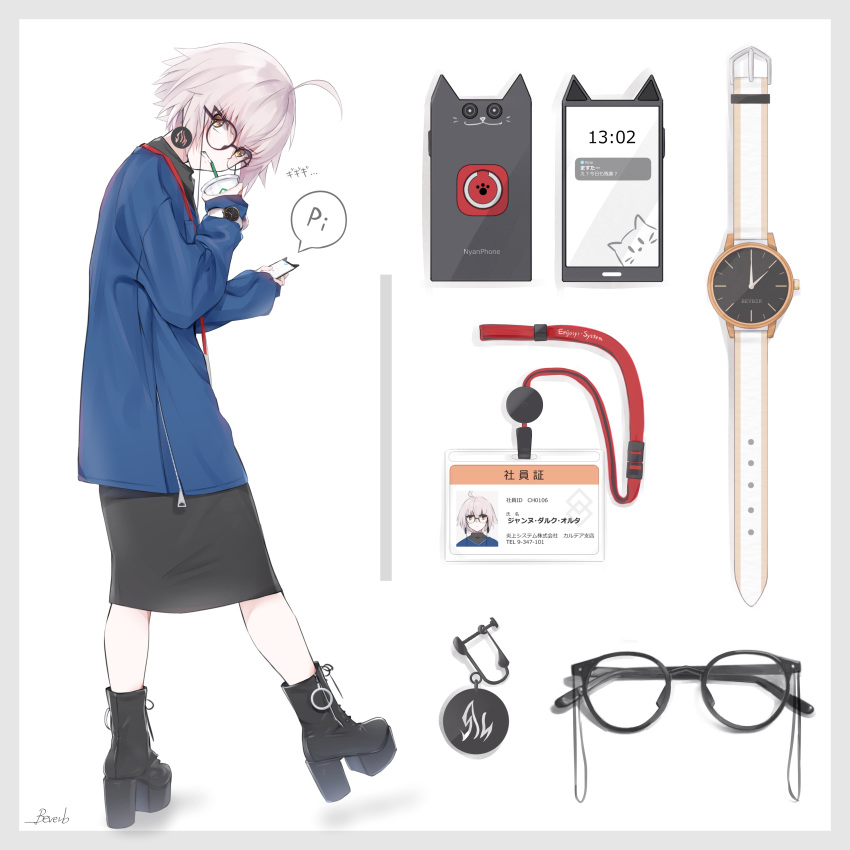 1girl absurdres ahoge bangs bee_doushi black-framed_eyewear black_footwear black_shirt black_skirt blue_jacket boots border cellphone clenched_teeth commentary_request cup disposable_cup drinking_straw eyebrows_visible_through_hair fate/grand_order fate_(series) glasses grey_border grey_hair high_heel_boots high_heels highres holding holding_cellphone holding_cup holding_phone id_card jacket jeanne_d'arc_(alter)_(fate) jeanne_d'arc_(fate)_(all) long_sleeves looking_at_viewer phone phone_with_ears platform_footwear platform_heels round_eyewear shirt signature skirt sleeves_past_wrists solo standing standing_on_one_leg teeth translation_request watch white_background wristwatch yellow_eyes