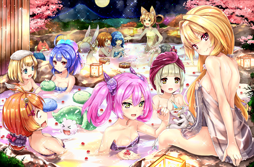 6+girls :d ahoge animal_ears black_towel blank_eyes blonde_hair blue_eyes blue_hair blue_towel breasts brown_eyes brown_hair bunny_ears character_request cherry_blossoms cleavage closed_eyes collarbone full_moon green_eyes hair_ornament highres long_hair lumiere_(shironeko_project) maaru_(shironeko_project) medium_breasts moon multiple_girls naked_towel night noa_(shironeko_project) nyama_(12060517) onsen open_mouth orange_hair outdoors partially_submerged pink_hair pink_towel red_eyes rouche_(shironeko_project) see-through shiny shiny_hair shironeko_project shoulder_blades sideboob silver_hair sitting sky small_breasts smile sparkle star_(sky) starry_sky tied_hair towel towel_on_head twintails very_long_hair yellow_towel