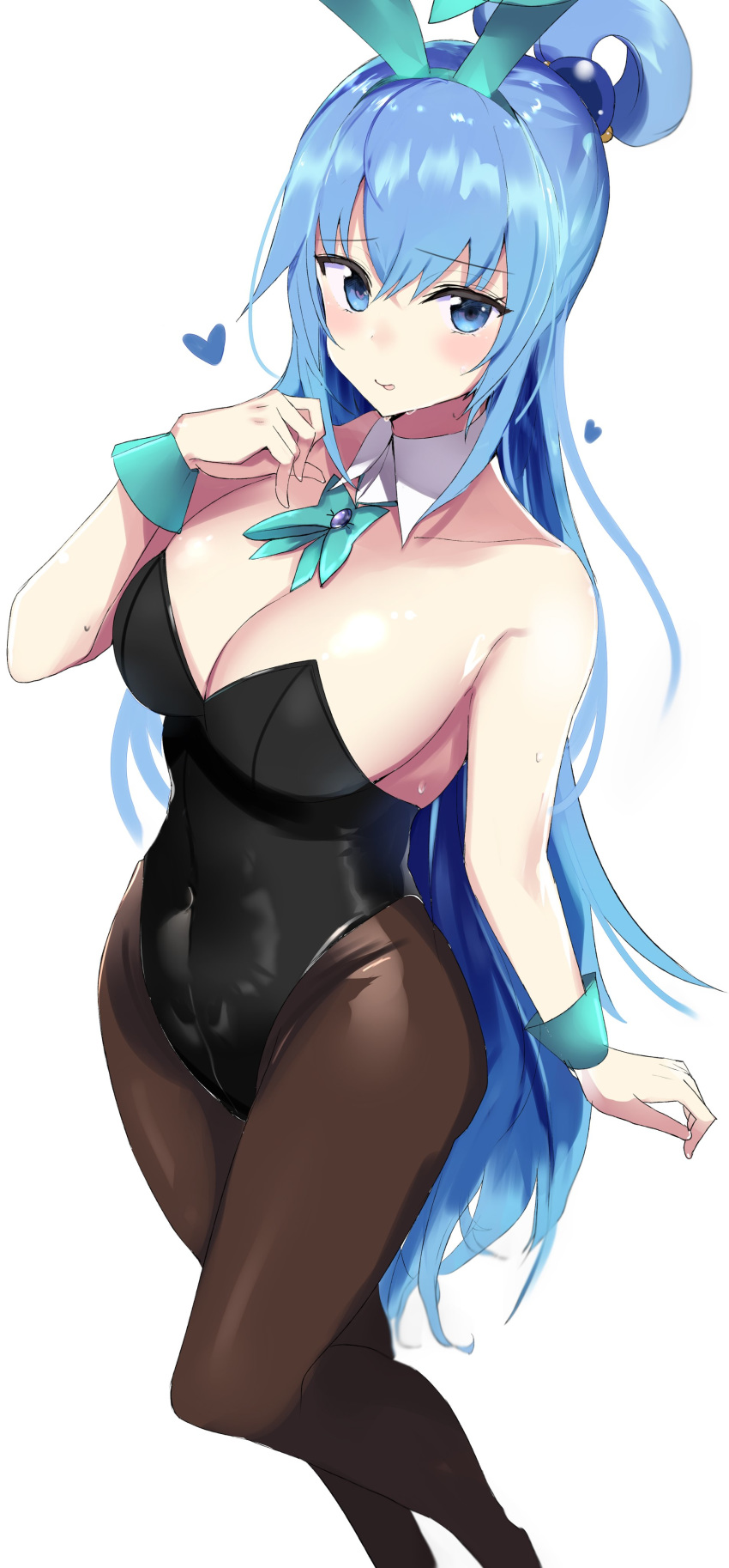 1girl absurdres animal_ears aqua_(konosuba) black_legwear black_leotard blue_eyes blue_hair blue_neckwear breasts bunny_ears bunny_tail bunnysuit cleavage commentary_request detached_collar fafas68 feet_out_of_frame hair_rings highleg highleg_leotard highres kono_subarashii_sekai_ni_shukufuku_wo! leotard long_hair pantyhose simple_background solo standing strapless strapless_leotard tail white_background wrist_cuffs