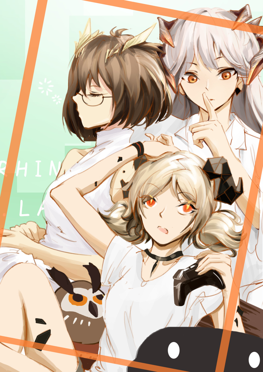 3girls absurdres alternate_costume arknights bangs bare_shoulders bob_cut brown_hair choker closed_eyes collared_shirt controller doll earrings feathers finger_to_mouth game_controller highres horns ifrit_(arknights) jewelry looking_at_another multiple_girls orange_eyes ore_lesion_(arknights) saria_(arknights) shirt shushing silence_(arknights) sleeping turtleneck twintails white_shirt wuws