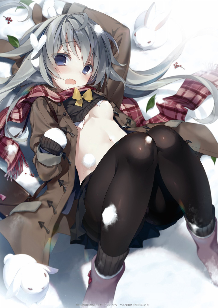 1girl blue_eyes blush boots bow bowtie bunny coat eyebrows_visible_through_hair gloves grey_hair highres lying on_back original pantyhose pink_footwear pleated_skirt scarf shirt_lift skirt snow yellow_neckwear yoruneko