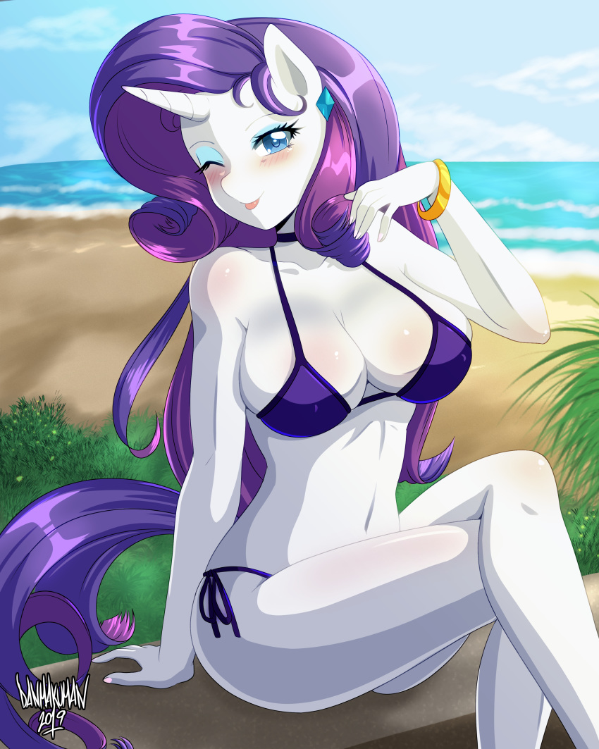 2019 absurd_res anthro anthrofied beash bikini blue_eyeshadow blush bluye_eyes bracelet breasts cleavage clothed clothing danmakuman equid eyeshadow female friendship_is_magic hi_res horn jewelry looking_at_viewer makeup mammal my_little_pony nipple_outline one_eye_closed piercing rarity_(mlp) sand sea solo swimwear tongue tongue_out unicorn water wink