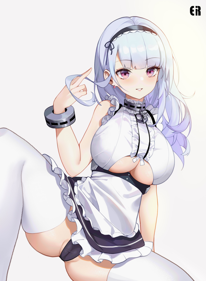 1girl absurdres anchor_choker apron arm_support artist_name azur_lane bangs bare_shoulders blush breasts cameltoe center_frills commentary_request dido_(azur_lane) dress eir eyebrows_visible_through_hair eyelashes frilled_dress frills groin hair_twirling hairband hand_up highres knee_up large_breasts long_hair looking_at_viewer maid maid_apron makeup mascara panties pantyshot pantyshot_(sitting) parted_lips purple_eyes red_eyes simple_background sitting skindentation solo spread_legs thighhighs underboob underboob_cutout underwear upskirt waist_apron white_background white_dress white_hair white_legwear