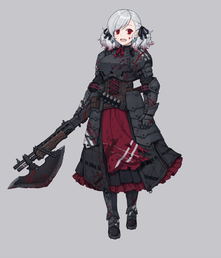 1girl absurdres armor blood blood_on_face bloody_clothes bloody_weapon crazy_eyes darkest_dungeon girls_frontline grey_background grey_hair gun highres looking_at_viewer namesake open_mouth plate_armor red_eyes shotgun solo spas-12 spas-12_(girls_frontline) terras twintails weapon