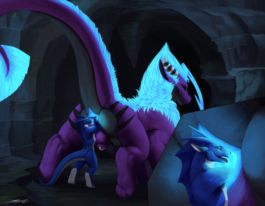 4_toes anal anal_fisting anal_vore animal_genitalia anthro anthro_on_feral anthro_prey anus balls bestiality bioluminescence blue_anus butt cave claws cutaway double_fisting dragon duo feral feral_pred fisting frill_(anatomy) fully_sheathed fur furgonomics furred_dragon furry-specific_piercing genital_piercing genitals glowing glowing_anus glowing_genitalia glowing_hair glowing_penis hair hi_res hindpaw horn imminent_vore kazzy kazzyboii larger_feral larger_male larger_pred male male/male male_pred male_prey membrane_(anatomy) membranous_frill nude open_mouth pawpads paws penis penis_tip piercing scalie sheath sheath_piercing size_difference smaller_anthro smaller_male smaller_prey spread_anus spreading striped_horn stripes toes tongue tongue_out vore willing_vore wingless_dragon