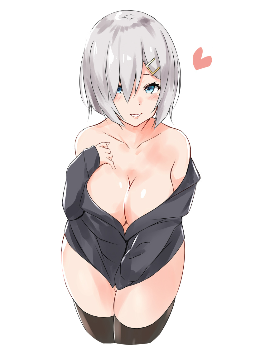 1girl :d absurdres alternate_costume bare_shoulders between_legs black_legwear black_sweater blue_eyes blush breasts cleavage collarbone cropped_legs hair_ornament hair_over_one_eye hairclip hamakaze_(kantai_collection) hand_between_legs heart highres kantai_collection large_breasts long_sleeves looking_at_viewer off-shoulder_sweater off_shoulder open_mouth saku_(kudrove) short_hair silver_hair simple_background sleeves_past_wrists smile solo sweater thighhighs thighs white_background