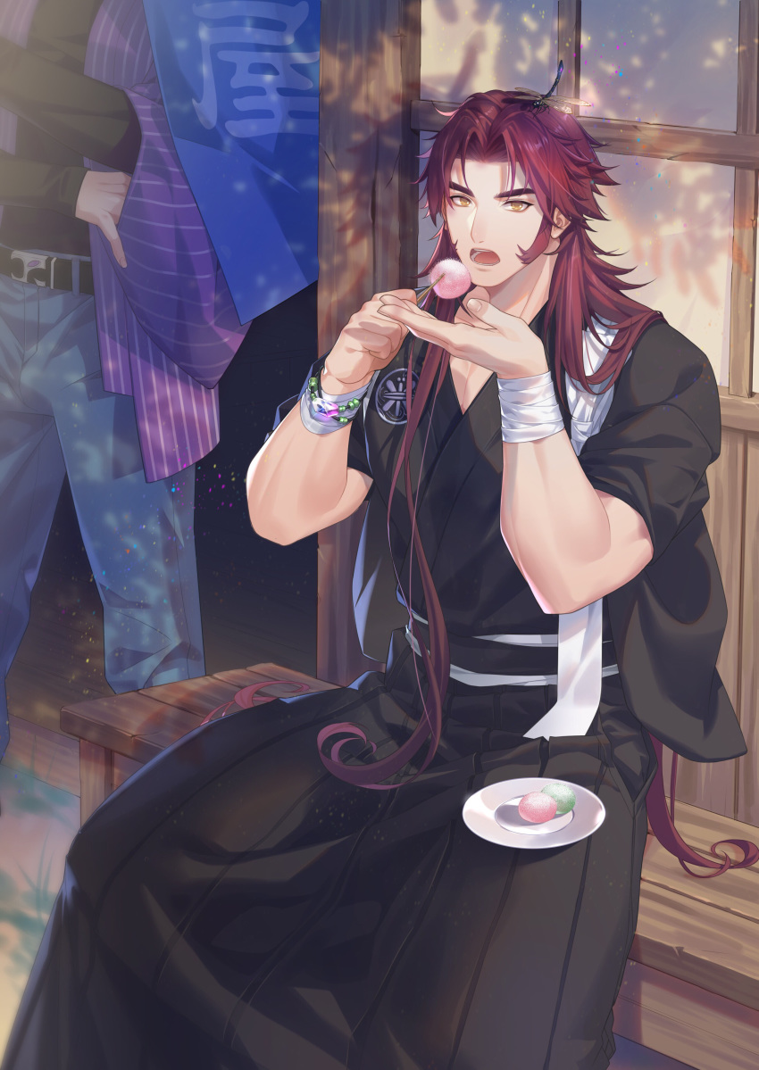 2boys absurdres belt bench bracelet bug denim dragonfly food hair_down hakama haori hel0205 highres insect insect_on_head japanese_clothes jeans jewelry long_hair male_focus mochi multiple_boys object_namesake open_mouth pants plate red_hair saniwa_(touken_ranbu) sideburns sitting skewer solo_focus tonbokiri_(touken_ranbu) touken_ranbu very_long_hair wagashi yellow_eyes