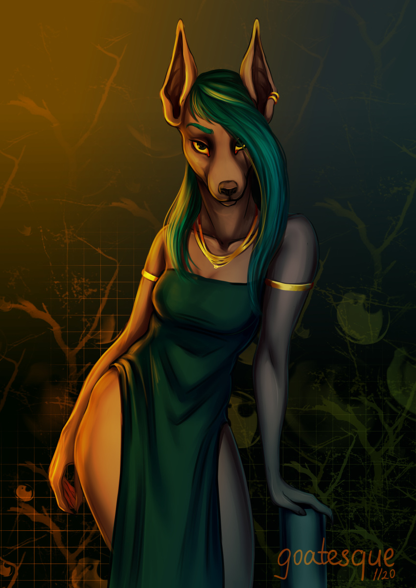 2020 absurd_res anthro breasts canid canine canineshi canis clothed clothing dobermann domestic_dog dress ear_piercing ear_ring female fully_clothed goatesque hair hi_res long_ears mammal piercing pinscher res solo