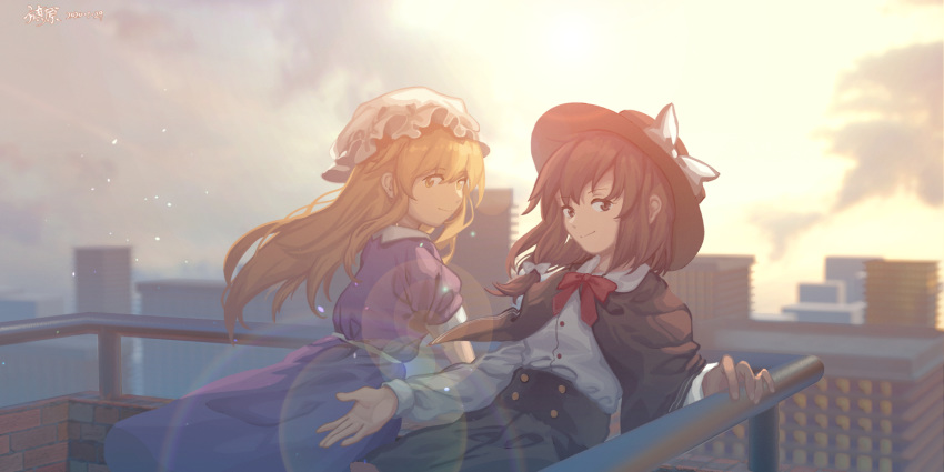 2girls arms_up artist_name black_headwear black_skirt blonde_hair blurry blurry_background bow bowtie brown_eyes brown_hair capelet chinese_commentary cityscape cloud commentary dated depth_of_field dress eyebrows_visible_through_hair furahata_gen hair_between_eyes hair_blowing hand_on_railing hat hat_ribbon highres leaning_back leaning_forward lens_flare light_particles long_hair long_sleeves looking_at_viewer looking_back maribel_hearn mob_cap multiple_girls puffy_short_sleeves puffy_sleeves purple_dress railing red_neckwear ribbon shirt short_hair short_sleeves skirt smile touhou usami_renko very_long_hair white_headwear white_shirt wind yellow_eyes yellow_sky