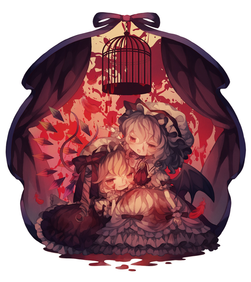 2girls bat_wings birdcage blonde_hair blood blood_on_face blood_splatter bloody_clothes bloody_hands blue_hair bow cage chibi commentary_request crystal curtains dress drill_hair eyebrows_visible_through_hair feathers flandre_scarlet frame full_body hand_on_own_cheek hand_up hat highres long_hair mob_cap multiple_girls puffy_short_sleeves puffy_sleeves red_bow red_dress red_eyes red_neckwear red_theme remilia_scarlet short_sleeves siblings side_drill sisters smile touhou white_dress white_headwear wings wiriam07 wrist_cuffs