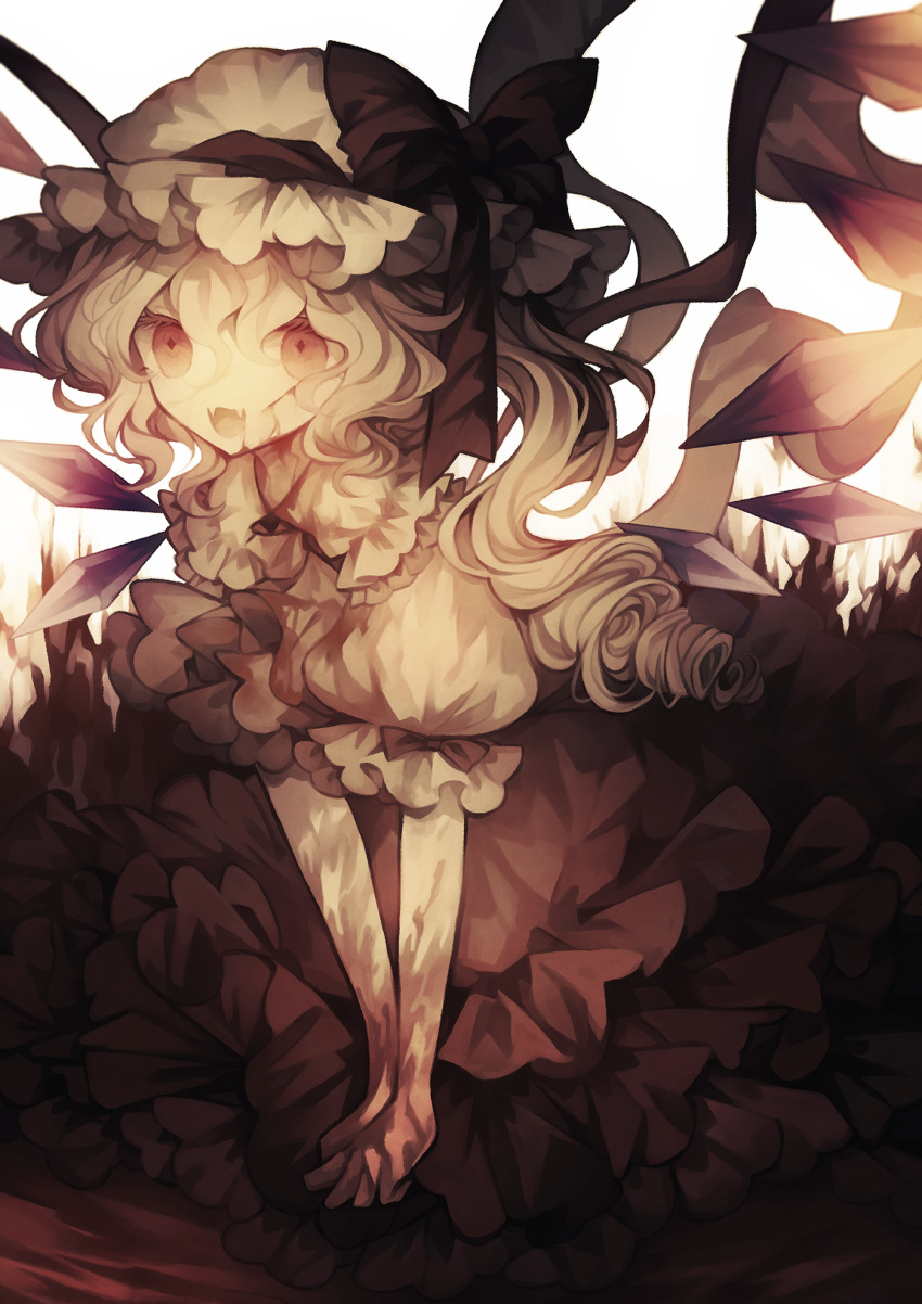 1girl blonde_hair blood blood_on_face bloody_hands bow commentary_request crystal diamond-shaped_pupils dress fangs flandre_scarlet frilled_dress frills hat highres long_hair mob_cap open_mouth puffy_short_sleeves puffy_sleeves ringlets sepia short_sleeves side_ponytail smile solo symbol-shaped_pupils touhou white_background white_headwear wings wiriam07