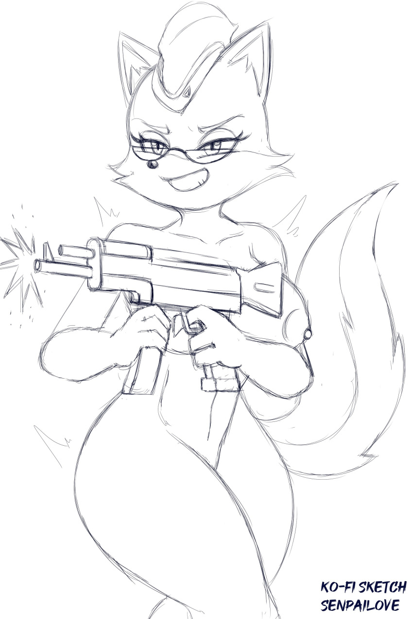 absurd_res anthro breasts canid canine clothing eyewear female fox glasses gun hat headgear headwear hi_res holding_gun holding_object holding_weapon lt._fox_vixen mammal nipples nude ranged_weapon sek_studios senpailove sketch smile solo squirrel_and_hedgehog standing weapon