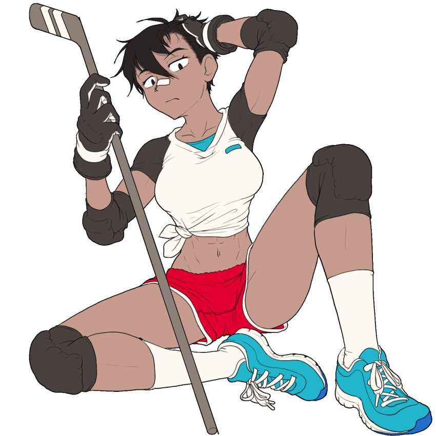 1girl abs bandaid bandaid_on_nose black_eyes black_hair blue_footwear boro breasts closed_mouth dark_skin elbow_pads full_body gloves gym_shorts hair_between_eyes hand_on_own_head highres hockey_stick holding knee_pads looking_at_viewer medium_breasts midriff navel raglan_sleeves red_shorts river_city_girls shirt shoes short_hair short_sleeves shorts simple_background sitting sneakers socks solo tied_shirt white_background work_in_progress yoko_(river_city_girls)