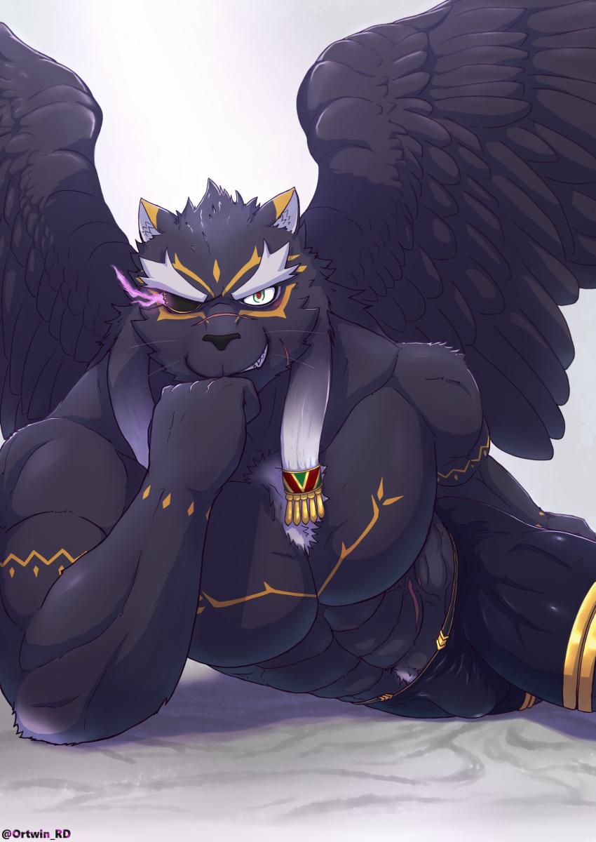 0rtwin_rd abs bed black_body black_fur bulge clothed clothing felid fur furniture grin hi_res laying_on_front male mammal muscular muscular_male nipples pantherine pecs scar smile tezcatlipoca tokyo_afterschool_summoners topless video_games wings