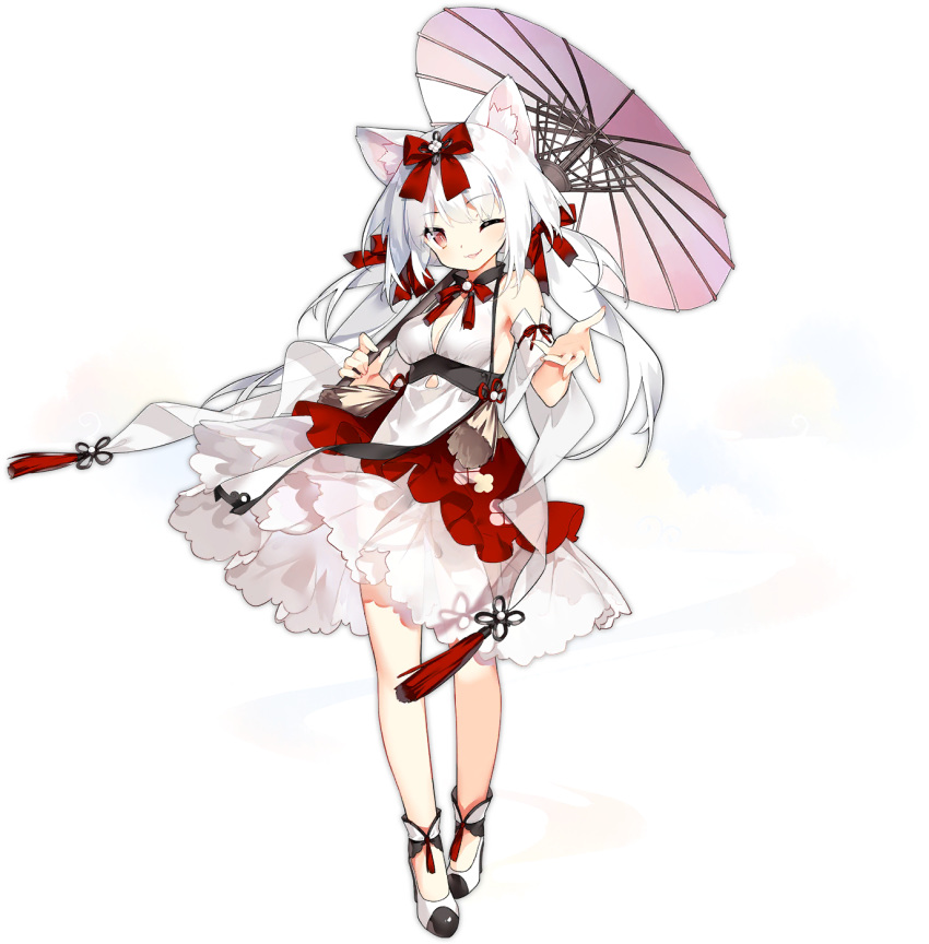 1girl animal_ears azur_lane bow breasts cat_ears dress hair_bow high_heels highres long_hair official_art one_eye_closed red_bow saru shoes smile solo transparent_background umbrella white_hair white_umbrella yukikaze_(azur_lane) yukikaze_(winter's_snowy_wind)_(azur_lane)