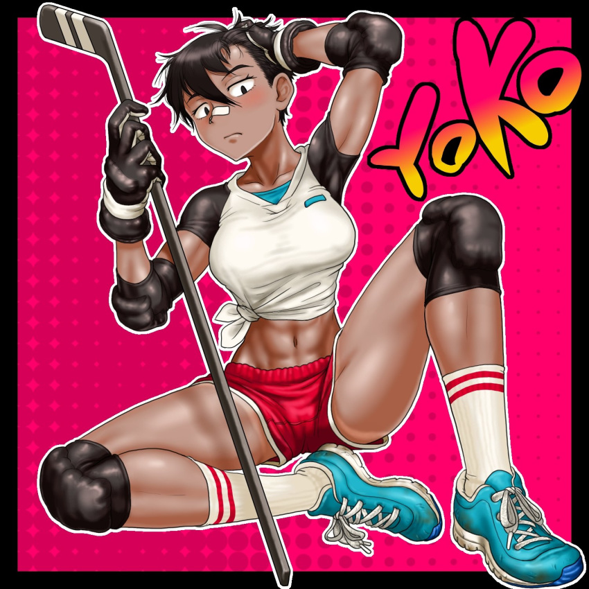 1girl abs bandaid bandaid_on_nose black_eyes black_hair blue_footwear boro breasts character_name closed_mouth dark_skin elbow_pads full_body gloves gym_shorts hair_between_eyes hand_on_own_head highres hockey_stick holding knee_pads looking_at_viewer medium_breasts midriff navel red_background red_shorts river_city_girls shirt shoes short_hair short_sleeves shorts sitting sneakers socks solo tied_shirt yoko_(river_city_girls)