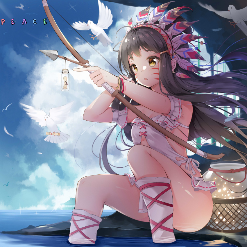 1girl absurdres ahoge ass bangs bird black_hair bow_(weapon) breasts brown_hair chintora0201 commentary_request dove english_text facial_mark feathers hair_ornament headdress highres holding holding_weapon long_hair microskirt multicolored_hair native_american native_american_headdress no_panties ocean open_mouth original sitting skirt small_breasts solo thighs two-tone_hair water weapon white_skirt yellow_eyes