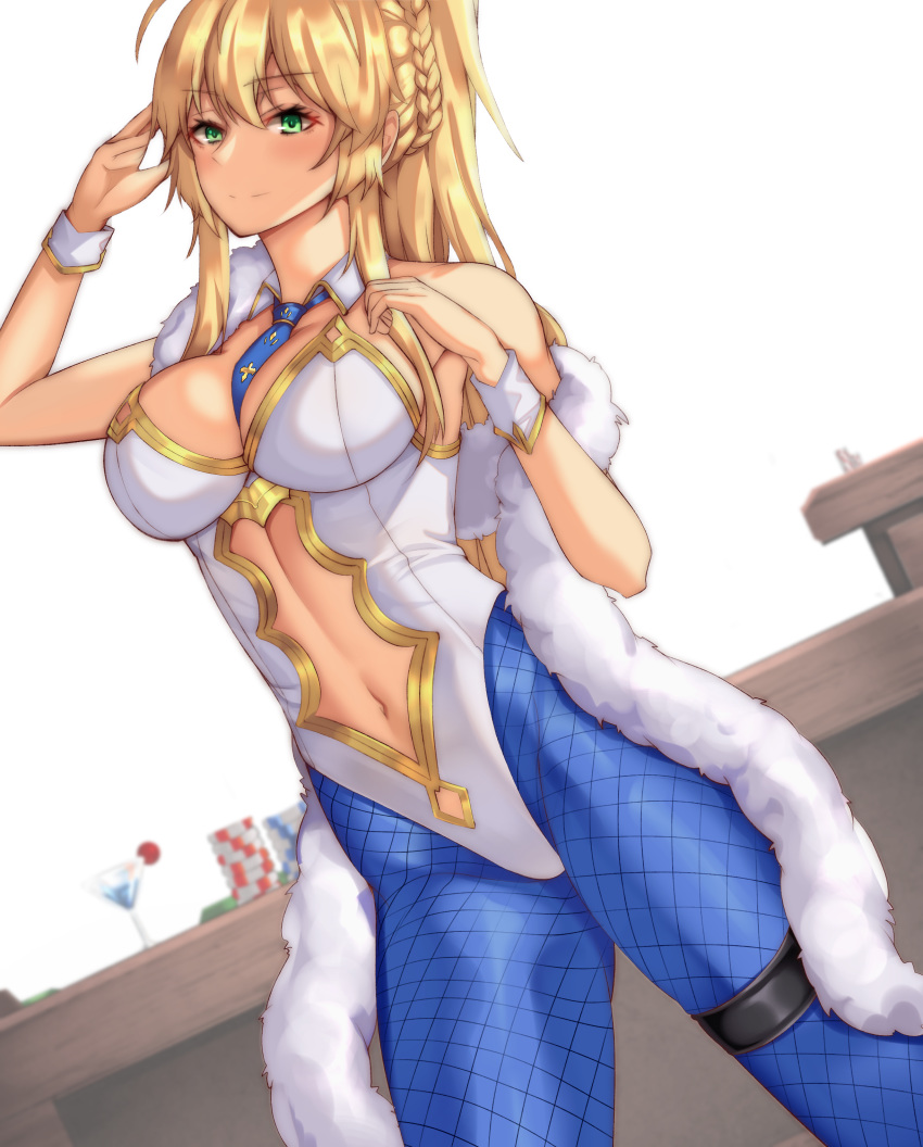 1girl absurdres animal_ears artoria_pendragon_(all) artoria_pendragon_(lancer) artoria_pendragon_(swimsuit_ruler)_(fate) bangs bare_shoulders blonde_hair blue_legwear breasts bunny_ears bunnysuit casino_card_table cleavage clyde_s contrapposto detached_collar fate_(series) feather_boa fishnets green_eyes hair_between_eyes hands_up highres large_breasts leotard long_hair looking_at_viewer necktie pantyhose ponytail sidelocks solo thigh_strap white_leotard wrist_cuffs