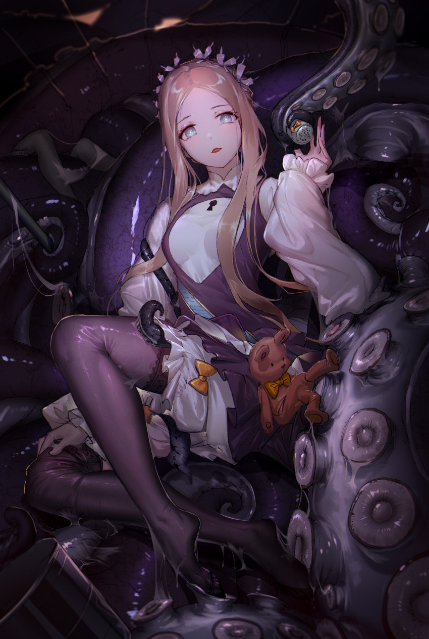 1girl abigail_williams_(fate/grand_order) absurdres bangs black_skirt blonde_hair blue_eyes blush breasts dress fate/grand_order fate_(series) forehead heroic_spirit_festival_outfit highres keyhole legs long_hair long_sleeves looking_at_viewer luomo maid_headdress pantyhose parted_bangs parted_lips puffy_sleeves sash sidelocks skirt slime small_breasts solo stuffed_animal stuffed_toy suction_cups teddy_bear tentacles white_bloomers white_dress