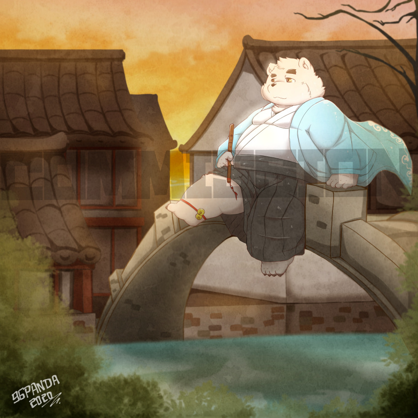 1:1 2020 96panda 96panda_hk absurd_res anthro belly clothing fur hi_res humanoid_hands kemono male mammal outside overweight overweight_male robe sitting solo ursid water white_body white_fur