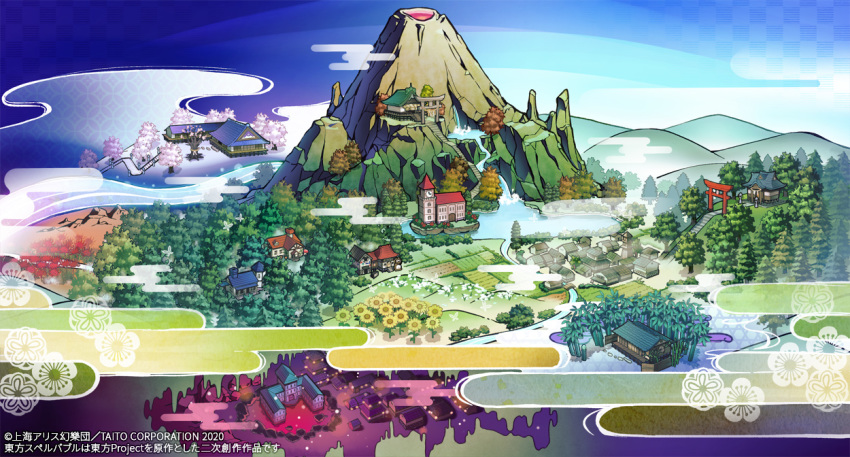 bamboo bamboo_forest blue_sky building clock clock_tower cloud commentary_request day eientei flower forest former_capital garden_of_the_sun gensoukyou hakugyokurou hakurei_shrine hill human_village_(touhou) misty_lake moriya_shrine nature no_humans outdoors scarlet_devil_mansion scenery shrine sky sunflower syuri22 torii touhou touhou_spell_bobble tower volcano water waterfall