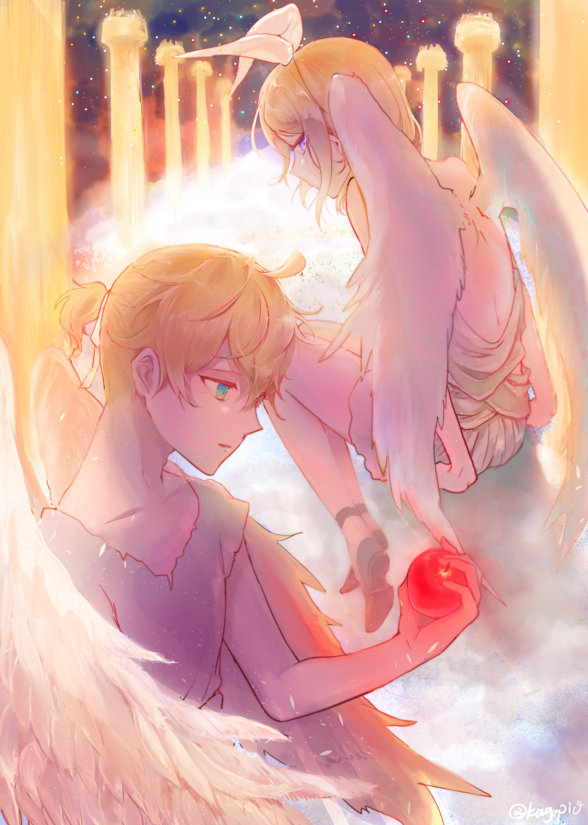 1boy 1girl absurdres angel angel_wings apple bangs bare_back blonde_hair blue_eyes bow cloud expressionless feathered_wings food fruit glowing hair_bow half-closed_eyes heaven highres holding holding_food holding_fruit kagamine_len kagamine_rin looking_at_another looking_back parted_lips pillar pion_(hriwkn) purple_eyes shirt short_hair short_ponytail siblings sitting_on_cloud sky space spiked_hair star_(sky) starry_sky swept_bangs toga torn_clothes twins vocaloid white_bow wings