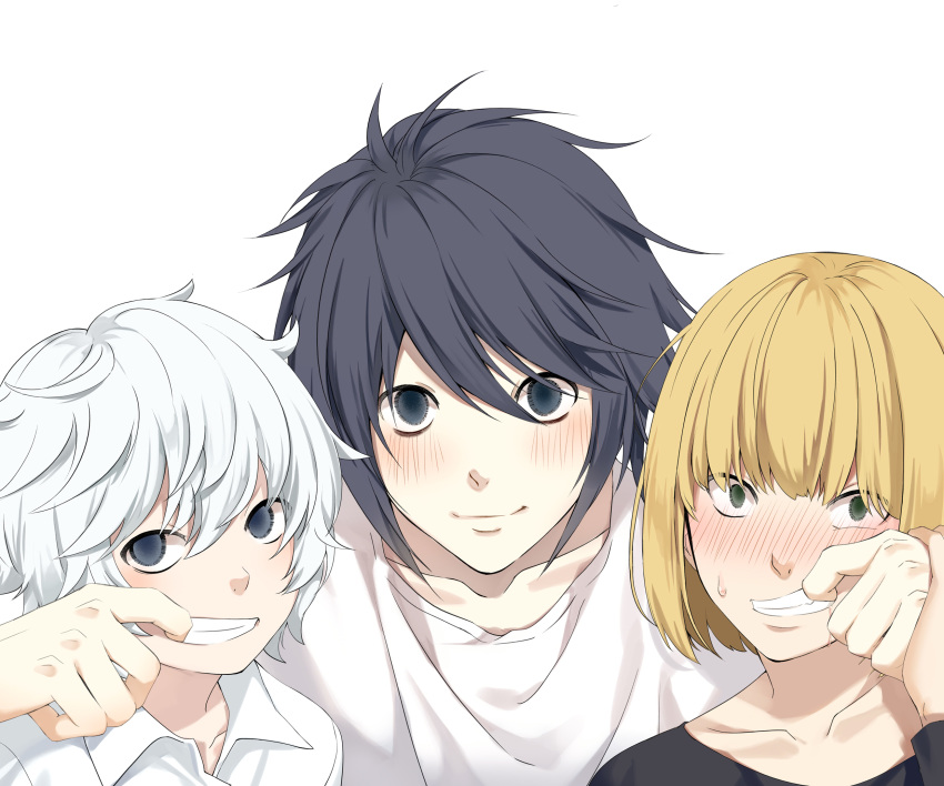 all_male black_eyes black_hair blonde_hair blush death_note gray_hair green_eyes hmniao l male mello near short_hair