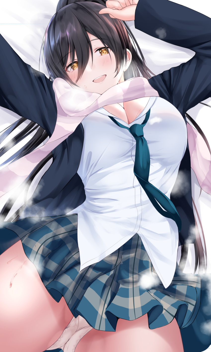 1girl absurdres bangs black_hair breasts cleavage collared_shirt dress_shirt gorua_(youce01) hair_between_eyes high_ponytail highres idolmaster idolmaster_shiny_colors large_breasts looking_at_viewer loose_necktie necktie plaid plaid_skirt pleated_skirt ponytail school_uniform shirase_sakuya shirt skirt solo white_shirt yellow_eyes