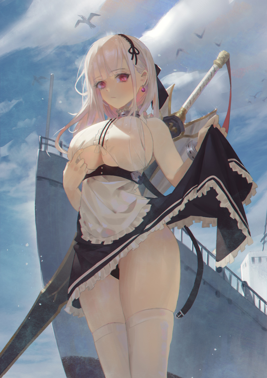 absurdres anchor_choker anchor_necklace apron azur_lane bird black_hairband blue_sky breasts center_frills choker cirilla cleavage cloud cruiser dido_(azur_lane) earrings frilled_choker frills hairband heart highres jewelry lace-trimmed_hairband large_breasts maid_apron military military_vehicle red_eyes seagull ship shirt short_hair sideboob sky sleeveless sleeveless_shirt thighhighs underboob underboob_cutout waist_apron warship watercraft white_apron white_hair white_legwear