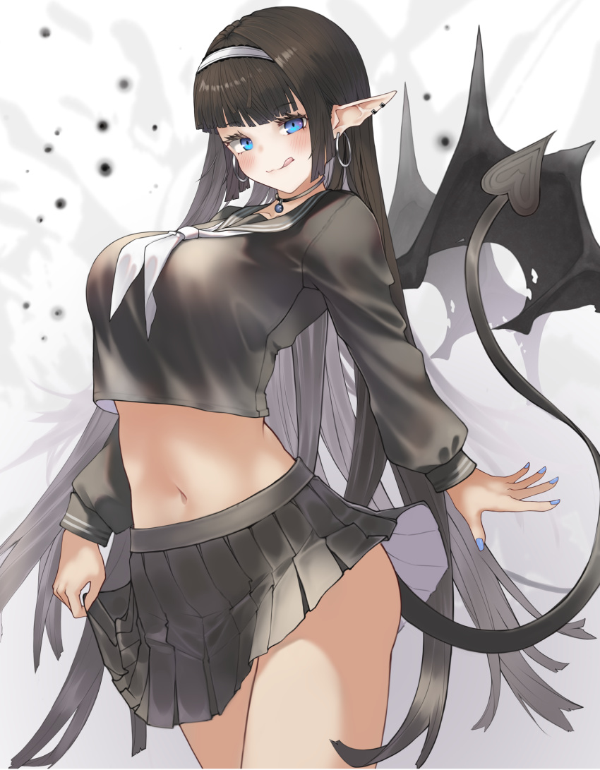 bangs black_hair black_skirt blue_eyes blue_nails blunt_bangs blush breasts closed_mouth crop_top crop_top_overhang demon_girl earrings eyebrows_visible_through_hair fingernails hairband heart heart_tail highres hoop_earrings jewelry kesuno large_breasts long_hair nail_polish navel necklace original pointy_ears school_uniform serafuku skirt smile succubus tail tongue tongue_out torn_wings uniform very_long_hair white_hairband white_neckwear wings