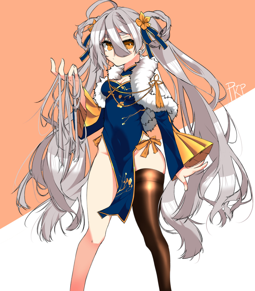 1girl alternate_costume alternate_hairstyle artist_request asymmetrical_legwear blue_dress breasts character_name china_dress chinese_clothes cleavage commentary_request dress girls_frontline highres korean_commentary long_hair pkp_(girls_frontline) silver_hair solo thighhighs twintails yellow_eyes