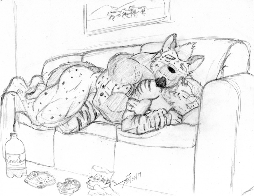 alcohol anthro beer beverage big_muscles butt cuddling felid friends fur furniture hug hyaenid hyenajack leaning love male male/male mammal muscular nuzzling pantherine party sirpaultheiii size_difference sleeping sofa spots stripes tiger video_games