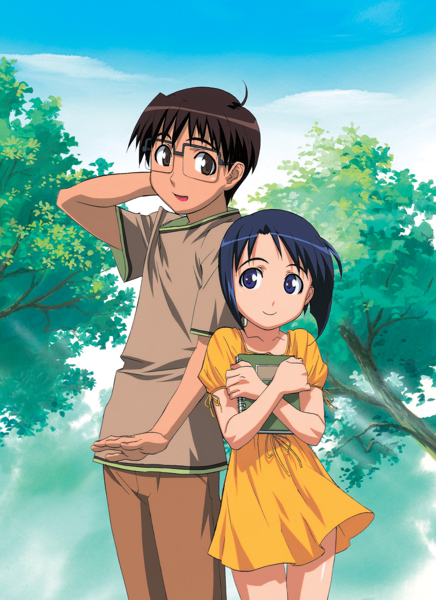 1boy 1girl arm_up blue_eyes blue_hair brown_eyes brown_hair cowboy_shot day dress hand_behind_head highres holding_notebook looking_at_viewer love_hina maehara_shinobu official_art open_mouth outdoors over-rim_eyewear rectangular_eyewear semi-rimless_eyewear short_hair short_sleeves smile uno_makoto urashima_keitarou yellow_dress