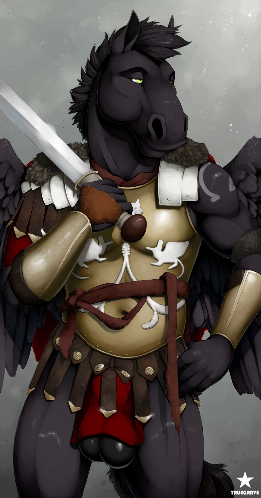 2019 5_fingers absurd_res anthro armor balls biped black_body black_hair black_skin bottomless clothed clothing equid equine feathered_wings feathers fingers genitals green_eyes grey_background hair hand_on_hip hi_res holding_object holding_sword holding_weapon looking_aside male mammal melee_weapon muscular muscular_thighs pterippus roman simple_background solo standing sword truegrave9 weapon wings