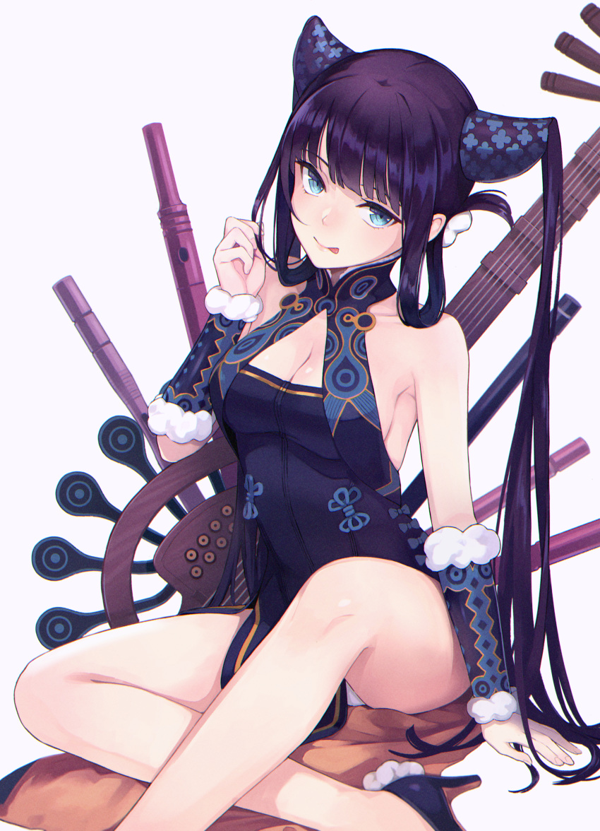 1girl absurdres bangs bare_shoulders black_dress black_footwear blue_eyes blunt_bangs blush breasts china_dress chinese_clothes cleavage closed_mouth detached_sleeves dress fate/grand_order fate_(series) flute hair_ornament high_heels highres indian_style instrument long_hair looking_at_viewer medium_breasts nakid pipa_(instrument) purple_hair sidelocks simple_background sitting smile solo tongue tongue_out twintails very_long_hair white_background yang_guifei_(fate/grand_order)