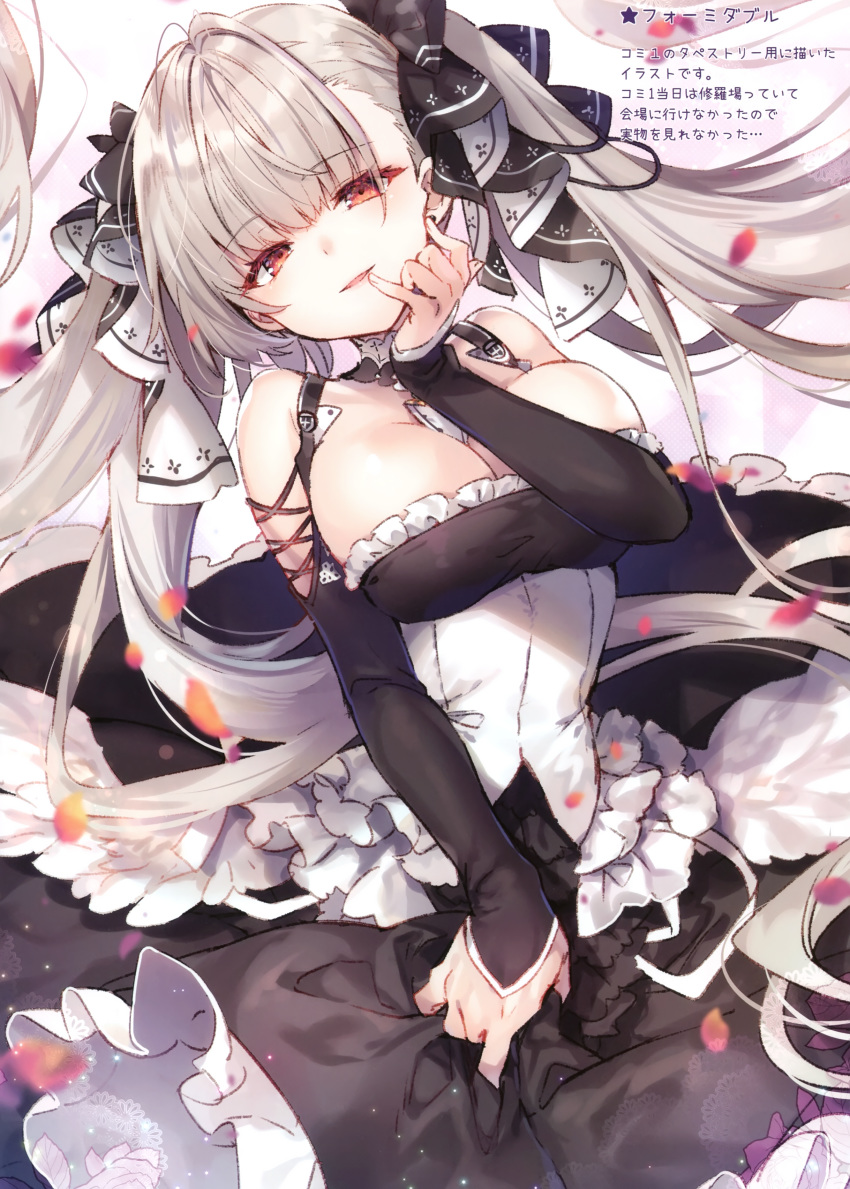 1girl :d absurdres azur_lane bangs bare_shoulders between_breasts black_dress blush breasts cleavage cowboy_shot dress earrings eyebrows_visible_through_hair finger_to_mouth floating_hair formidable_(azur_lane) frilled_dress frills grey_hair hair_ribbon head_tilt highres jewelry large_breasts long_hair long_sleeves looking_at_viewer open_mouth petals red_eyes ribbon riichu scan skirt_hold smile solo twintails two-tone_dress very_long_hair