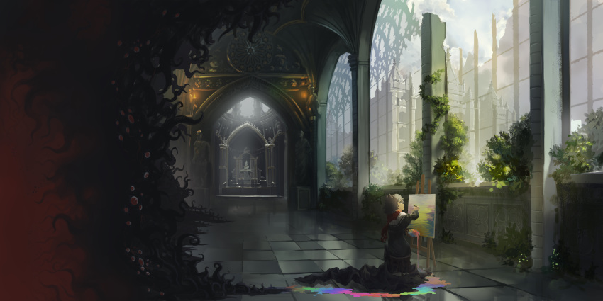 1girl absurdres altar arch architecture arknights black_dress broken_window brown_hair cathedral cloud darkness deepcolor_(arknights) dress eyes foliage gothic_architecture green_eyes highres la_manche looking_away marble messy_hair paint paint_splatter painting painting_(object) scarf sky smile statue sunlight tentacles tile_floor tiles