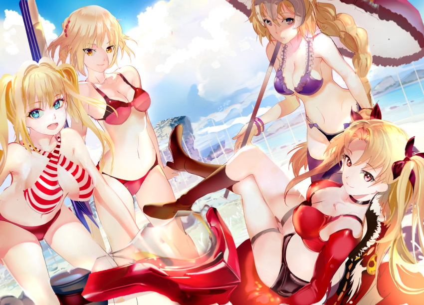 119 4girls :d beach bent_over bikini black_bikini_bottom black_legwear black_shorts blonde_hair blue_eyes blush bow bow_bikini bracelet braided_ponytail breasts brown_eyes choker cleavage closed_mouth cloud collarbone criss-cross_halter crossed_legs day detached_sleeves dutch_angle ereshkigal_(fate/grand_order) fate/grand_order fate_(series) floating_hair frilled_umbrella hair_bow hair_intakes halterneck holding holding_umbrella jeanne_d'arc_(fate)_(all) jeanne_d'arc_(swimsuit_archer) jewelry kneehighs long_hair long_sleeves looking_at_viewer medium_breasts mordred_(fate)_(all) mordred_(swimsuit_rider)_(fate) multiple_girls navel nero_claudius_(fate)_(all) nero_claudius_(swimsuit_caster)_(fate) open_mouth outdoors parted_lips ponytail purple_bikini_top purple_bow purple_legwear red_bikini red_bikini_bottom red_bikini_top red_bow red_eyes red_sleeves short_hair short_shorts shorts sideboob sitting smile striped_bikini_top swimsuit thigh_strap thighhighs twintails umbrella very_long_hair