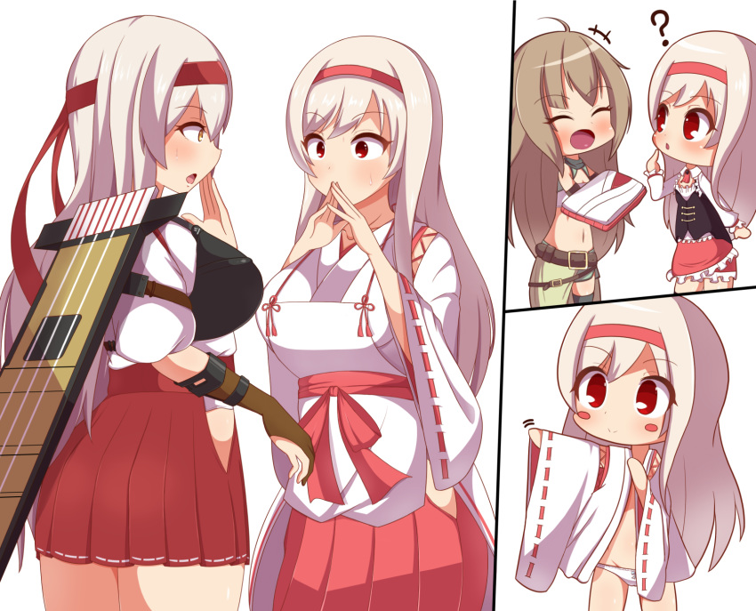 3girls :d :o alternate_costume anna_(sennen_sensou_aigis) breasts brown_gloves brown_hair closed_eyes eye_contact gloves headband highres kantai_collection long_hair look-alike looking_at_another multiple_girls multiple_views open_mouth panties partly_fingerless_gloves red_eyes red_headband red_ribbon red_skirt ribbon ribbon-trimmed_sleeves ribbon_trim sennen_sensou_aigis shoukaku_(kantai_collection) side_slit skirt smile soma_(sennen_sensou_aigis) standing underwear white_hair white_panties yellow_eyes