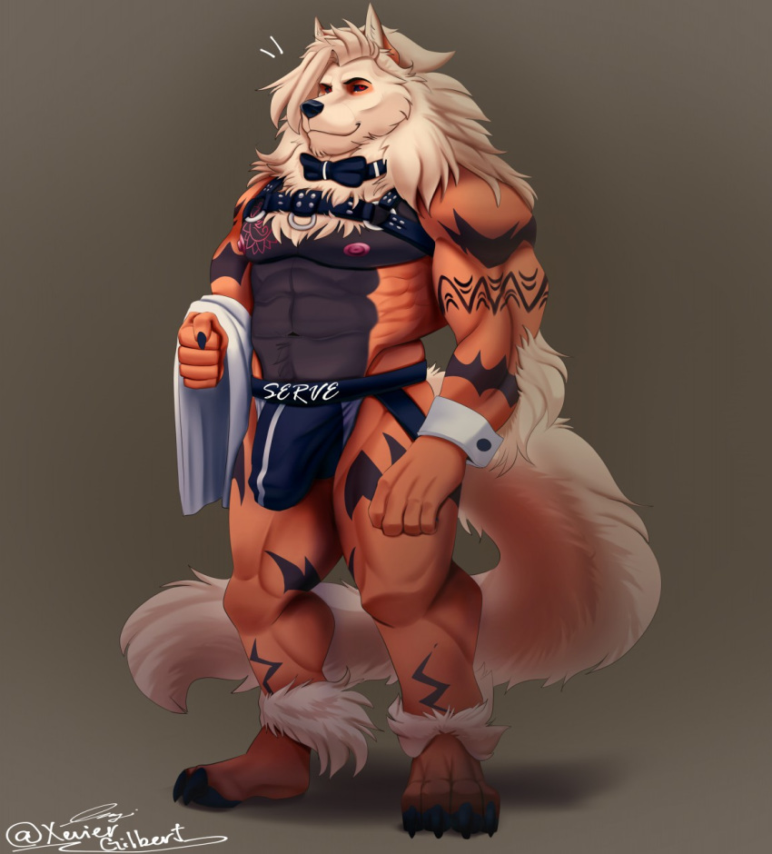 anthro arcanine bdsm black_body black_fur black_nose bondage bound bow_tie bulge canid canine claws clothing countershading cuff_links cuffs_(disambiguation) english_text fur hi_res kurorokanji laarx leather male mammal muscular muscular_male nintendo nipples orange_body orange_fur pok&eacute;mon pok&eacute;mon_(species) red_eyes reverse_countershading servant solo stripes text towel underwear video_games