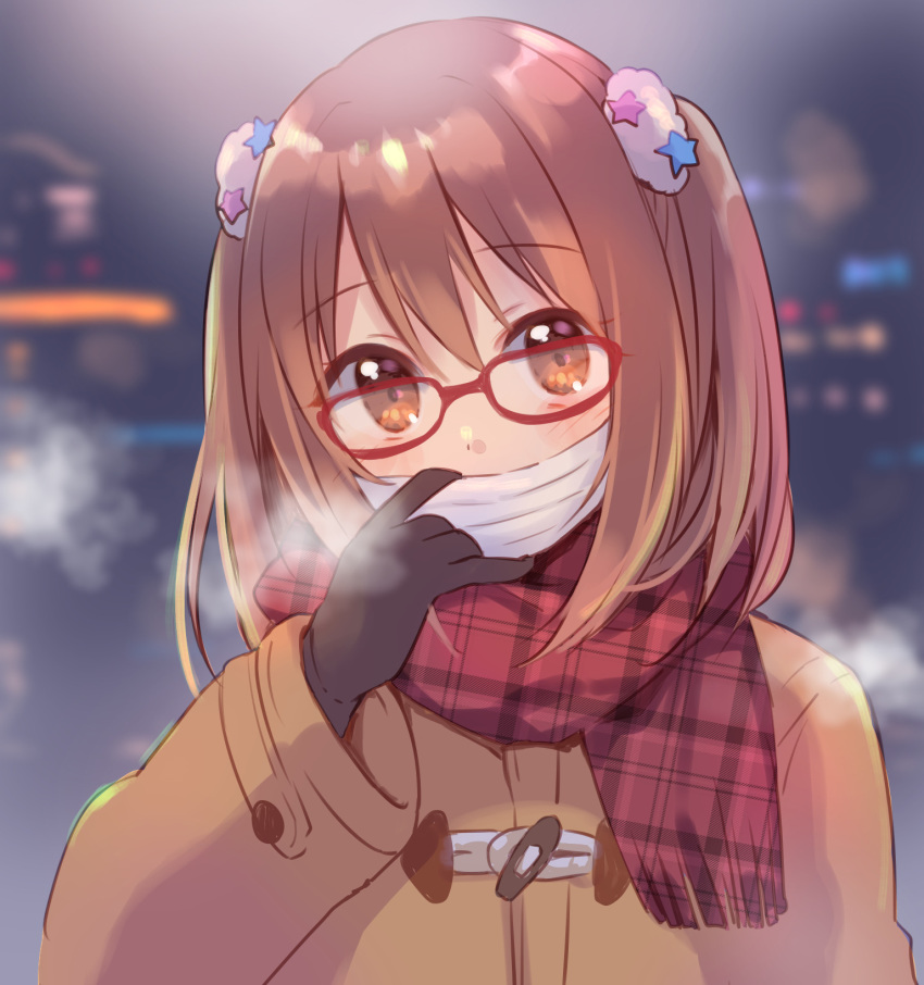 1girl bangs black_gloves blurry blurry_background blush breath brown_coat brown_eyes brown_hair coat commentary_request depth_of_field eyebrows_visible_through_hair fringe_trim glasses gloves gucchiann hair_between_eyes hair_ornament hand_up highres long_hair long_sleeves looking_at_viewer night outdoors plaid plaid_scarf princess_connect! princess_connect!_re:dive red-framed_eyewear red_scarf sakurai_nozomi_(princess_connect) scarf solo star star_hair_ornament surgical_mask two_side_up unmoving_pattern upper_body