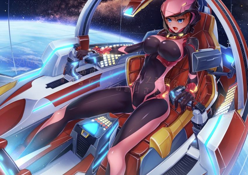 1girl blue_eyes bodysuit breasts cluseller cockpit covered_navel display earth eyebrows_visible_through_hair helmet large_breasts manami_hamill mecha open_mouth red_hair screen_light solo space spacesuit super_robot_wars super_robot_wars_64